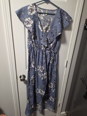 Japna Dusty Blue Floral Wrap Dress